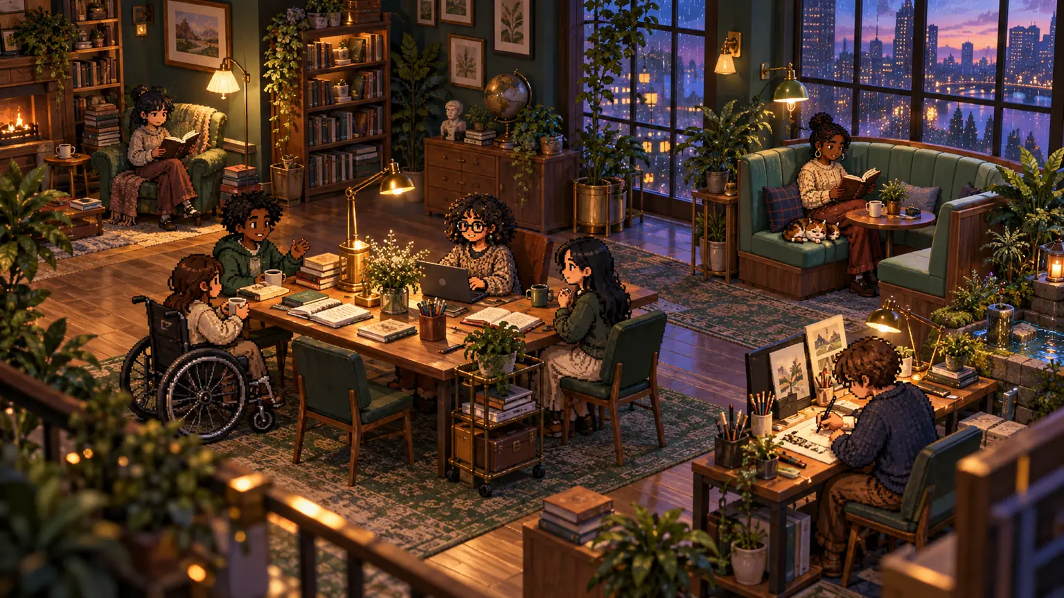 A diverse study group, including a wheelchair user, shares a cozy library and drawing studio at dusk.