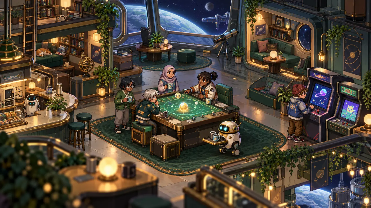 Friends and small robots gather around a strategy table in a lantern-lit orbital clubhouse.