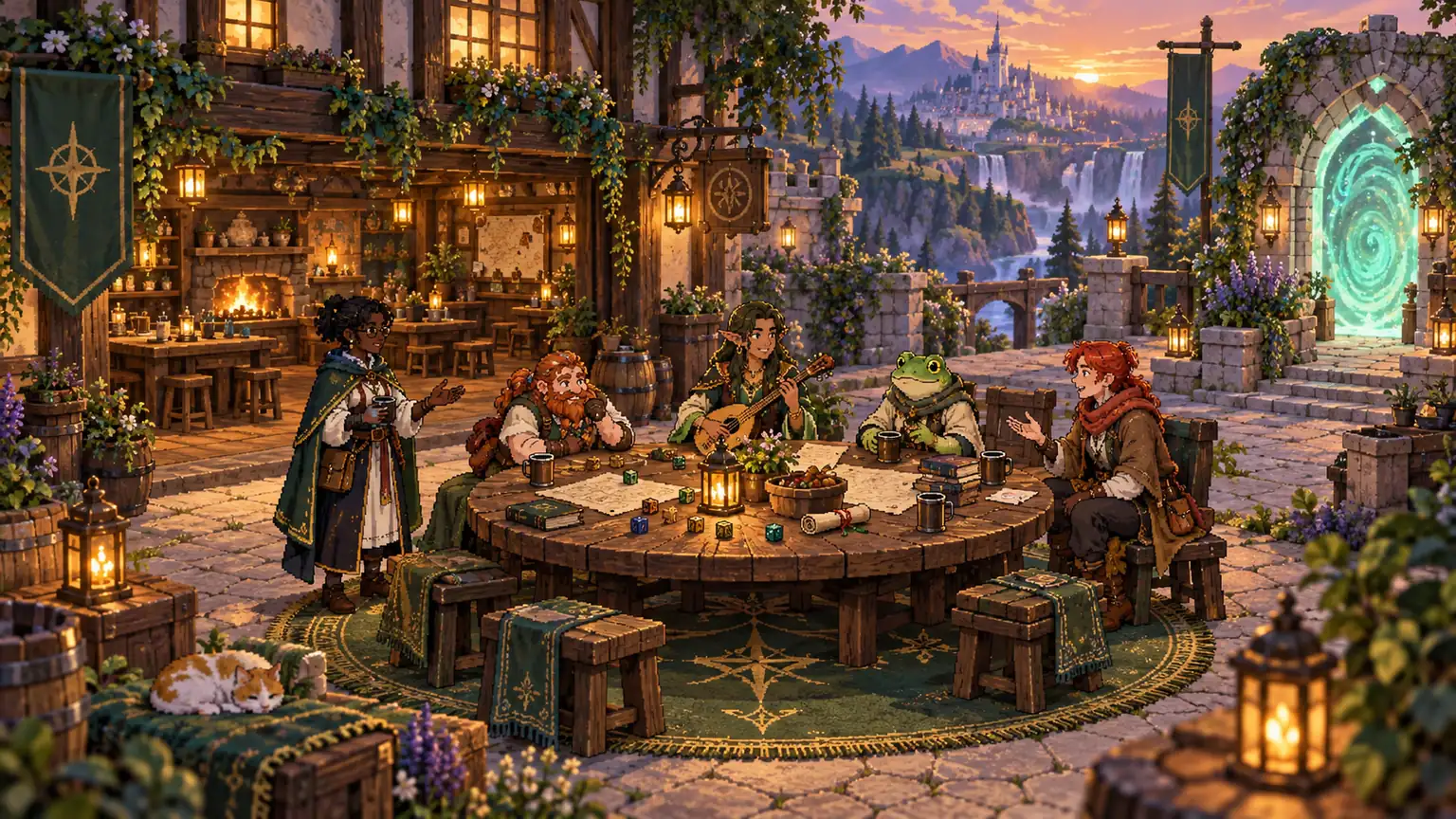 Original fantasy characters gather around a tabletop courtyard beside a glowing mint portal.